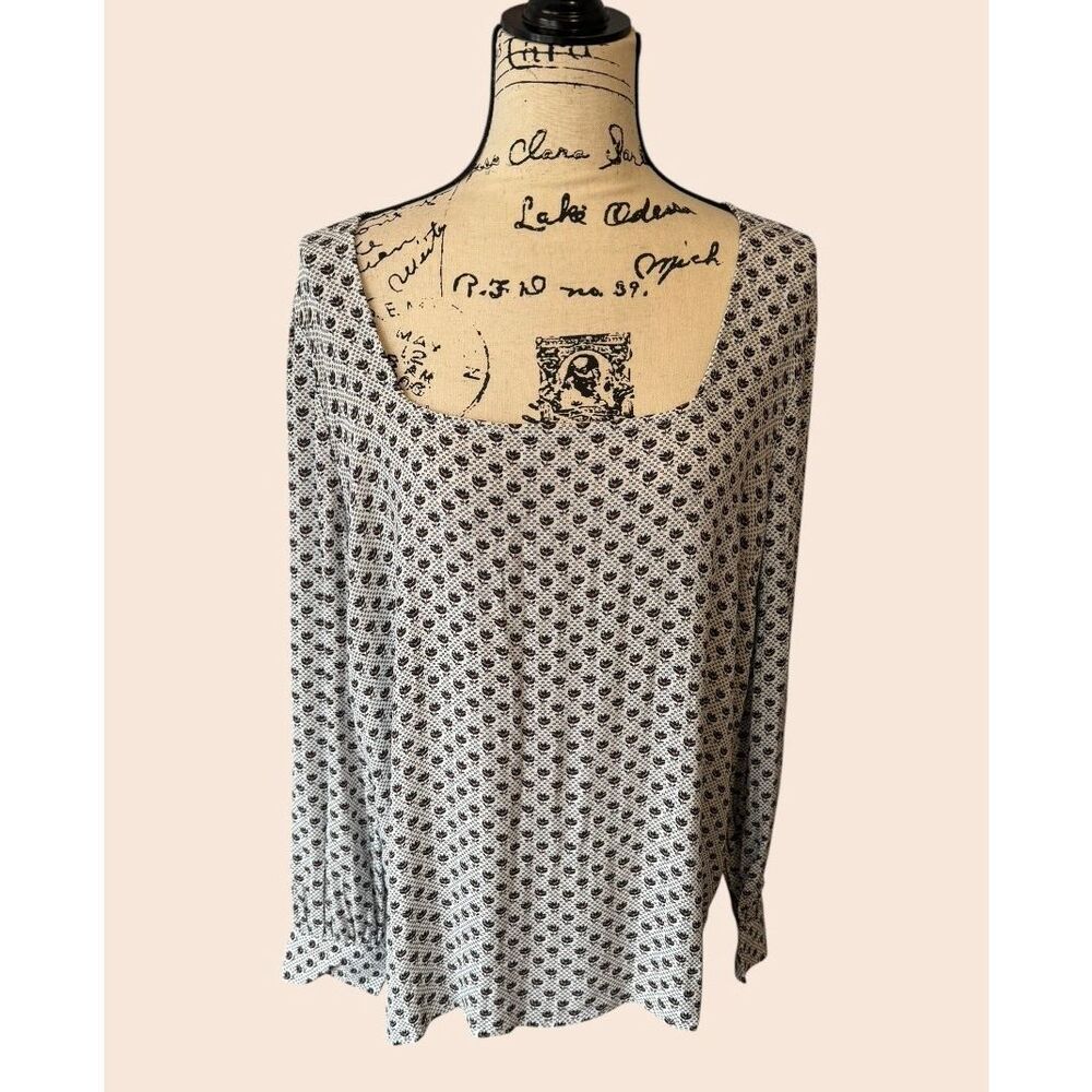 LOFT Women's Large Floral Square Neck Long Sleeve Blouse Navy Orange